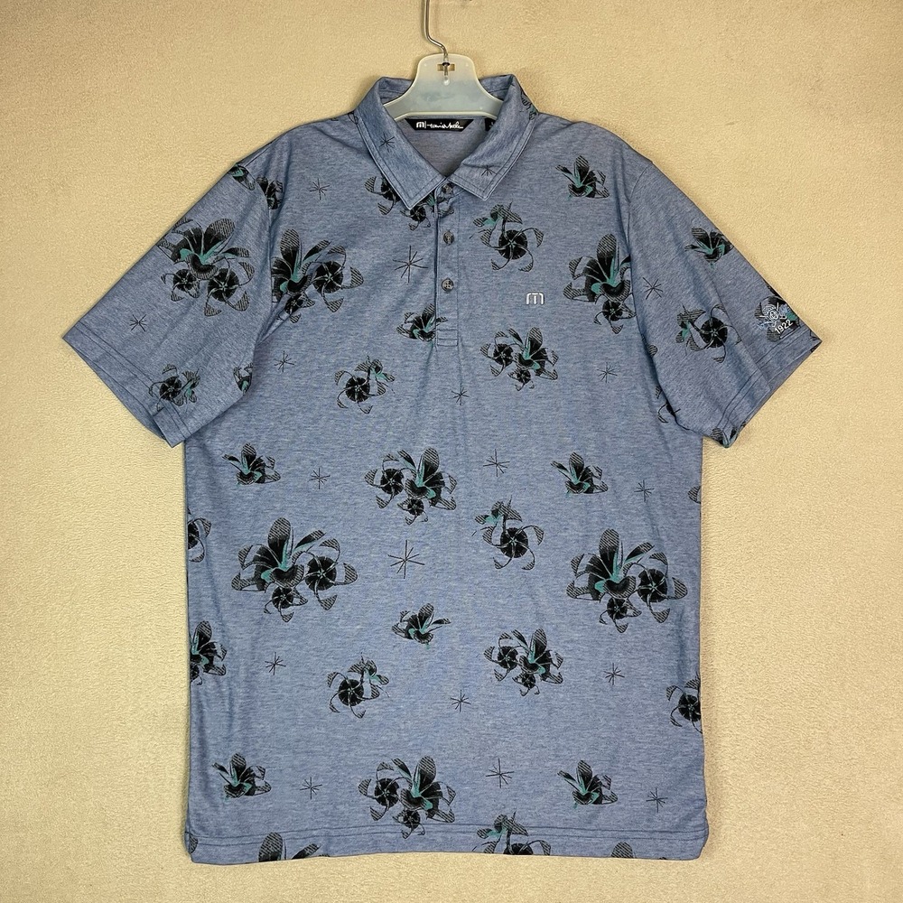 TravisMathew Polo Shirt Mens L 1MS071 Blue Floral Pima Cotton EUC